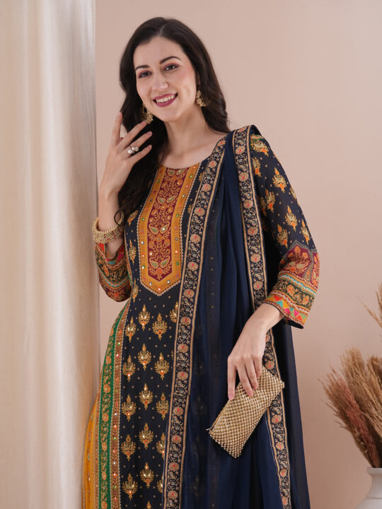 FASHOR Ethnic Printed & Embroidered Straight Fit Kurta with Pant and Dupatta - Multi - view 2