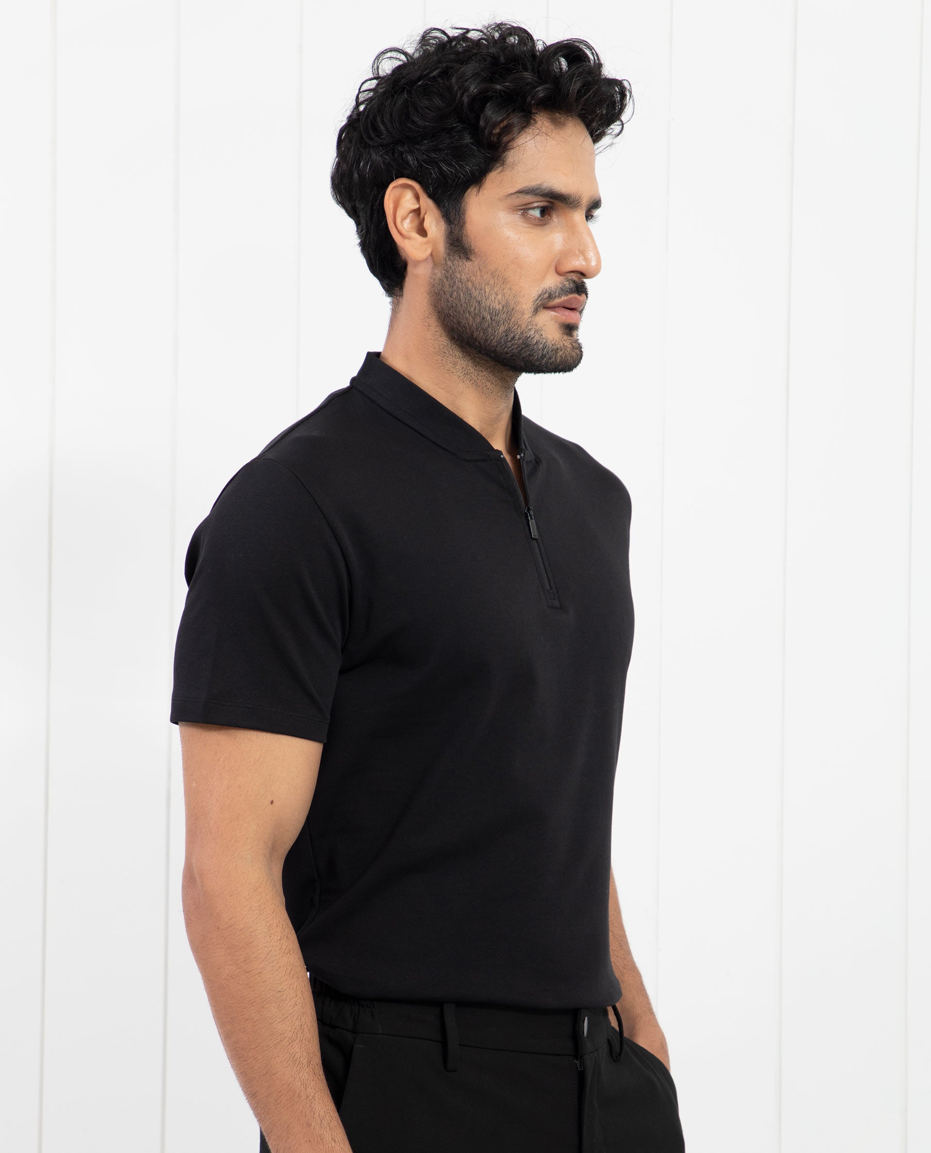 Rare Rabbit Men's Temper Black Cotton Fabric Baseball Stand Collared Neck Zipper Closure Half Sleeves Polo T-Shirt - view 3