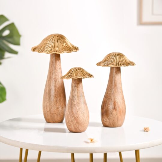 Nestasia Gold Mushrooms Wooden Decor Showpieces Set Of 3