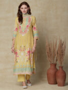 Fashor Floral & Geometric Printed Straight Fit Kurta with Pant & Dupatta - Sheen Green