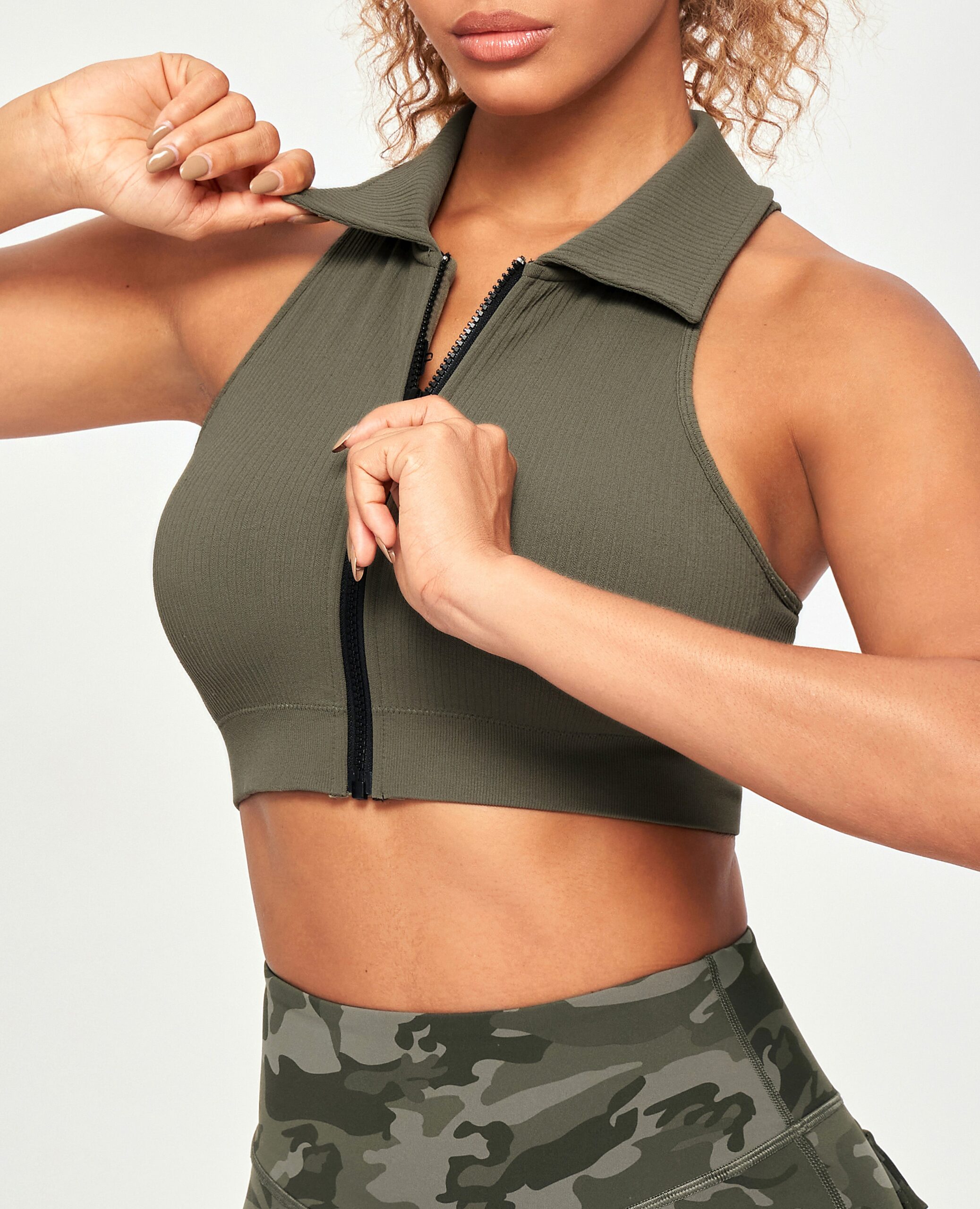 FIRM ABS Ribbed Full Zip Padded Tank Top - Olive Green - view 4