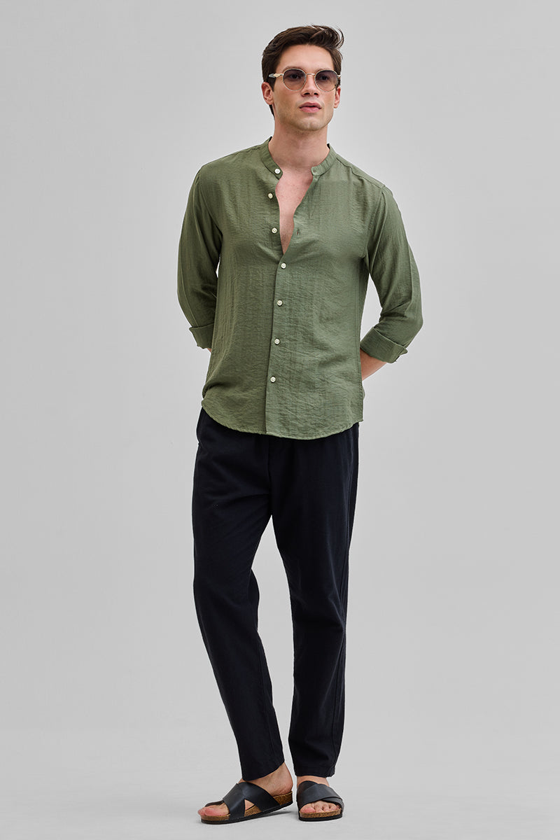 SNITCH Olive Mandarin Linen Blend Shirt - view 3