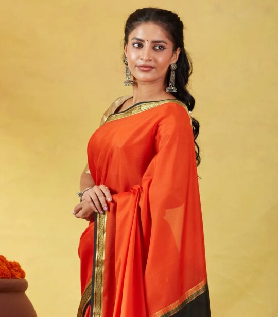 RmKV Orange Mysore Plain Crepe Silk Saree With Black Border - view 2