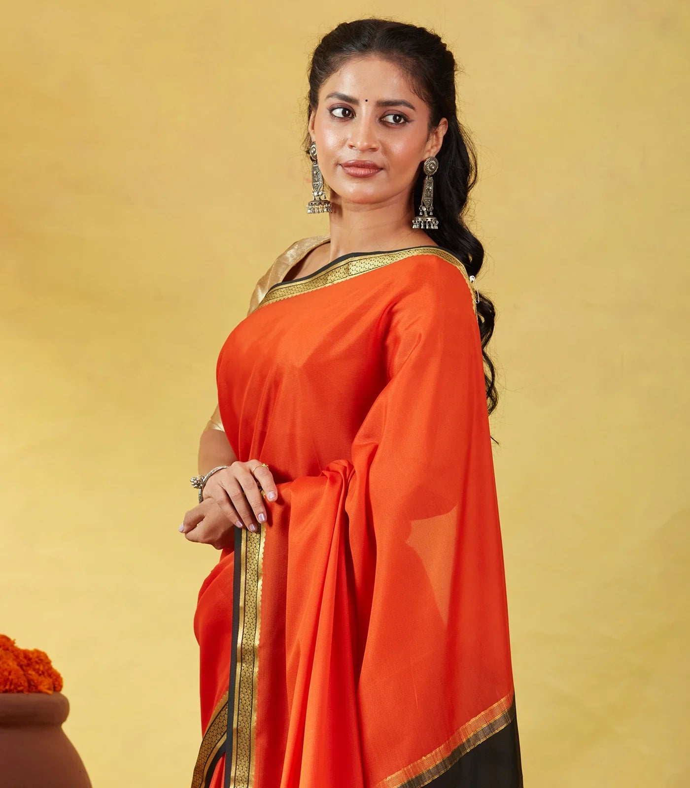 RmKV Orange Mysore Plain Crepe Silk Saree With Black Border - view 2