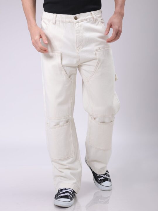 The Indian Garage Co Men's White Relaxed Fit Solid Carpenter Jeans