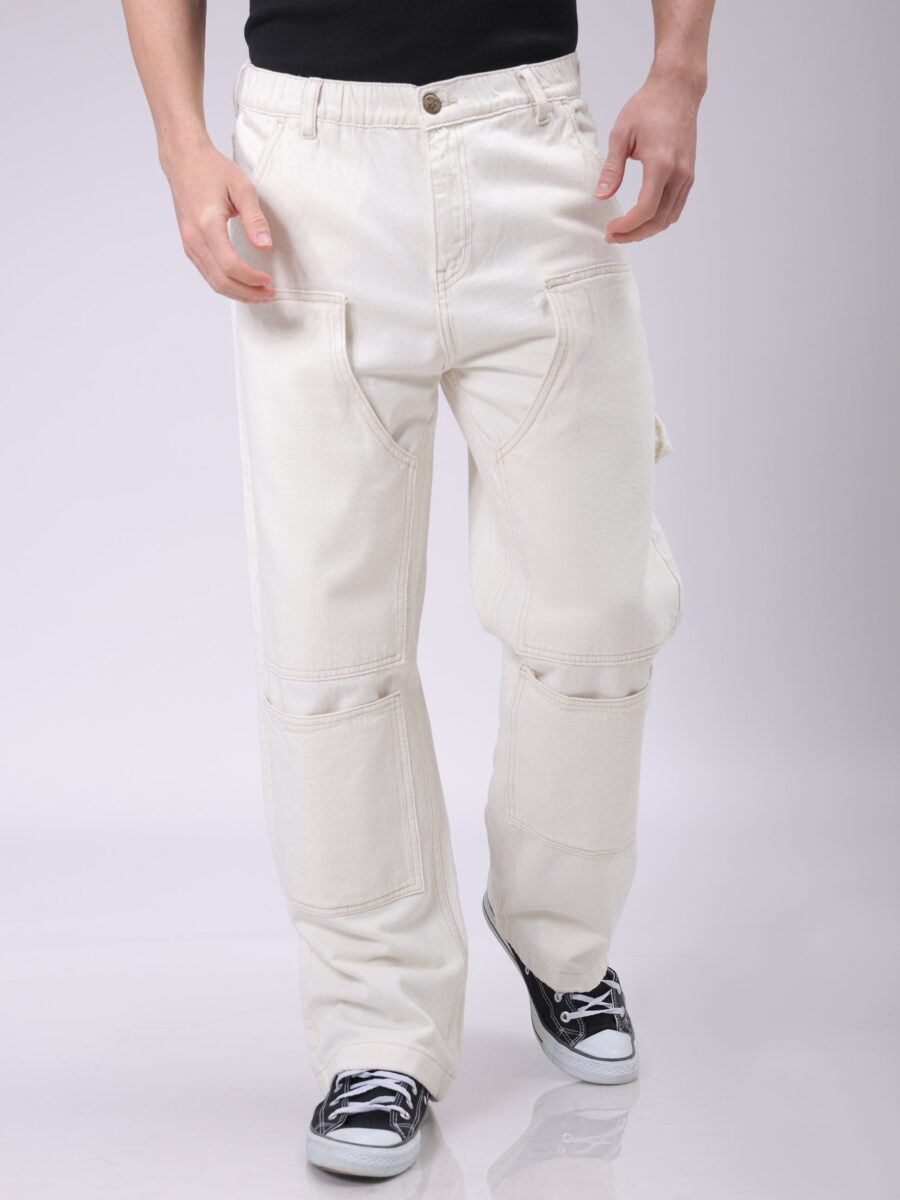 The Indian Garage Co Men's White Relaxed Fit Solid Carpenter Jeans