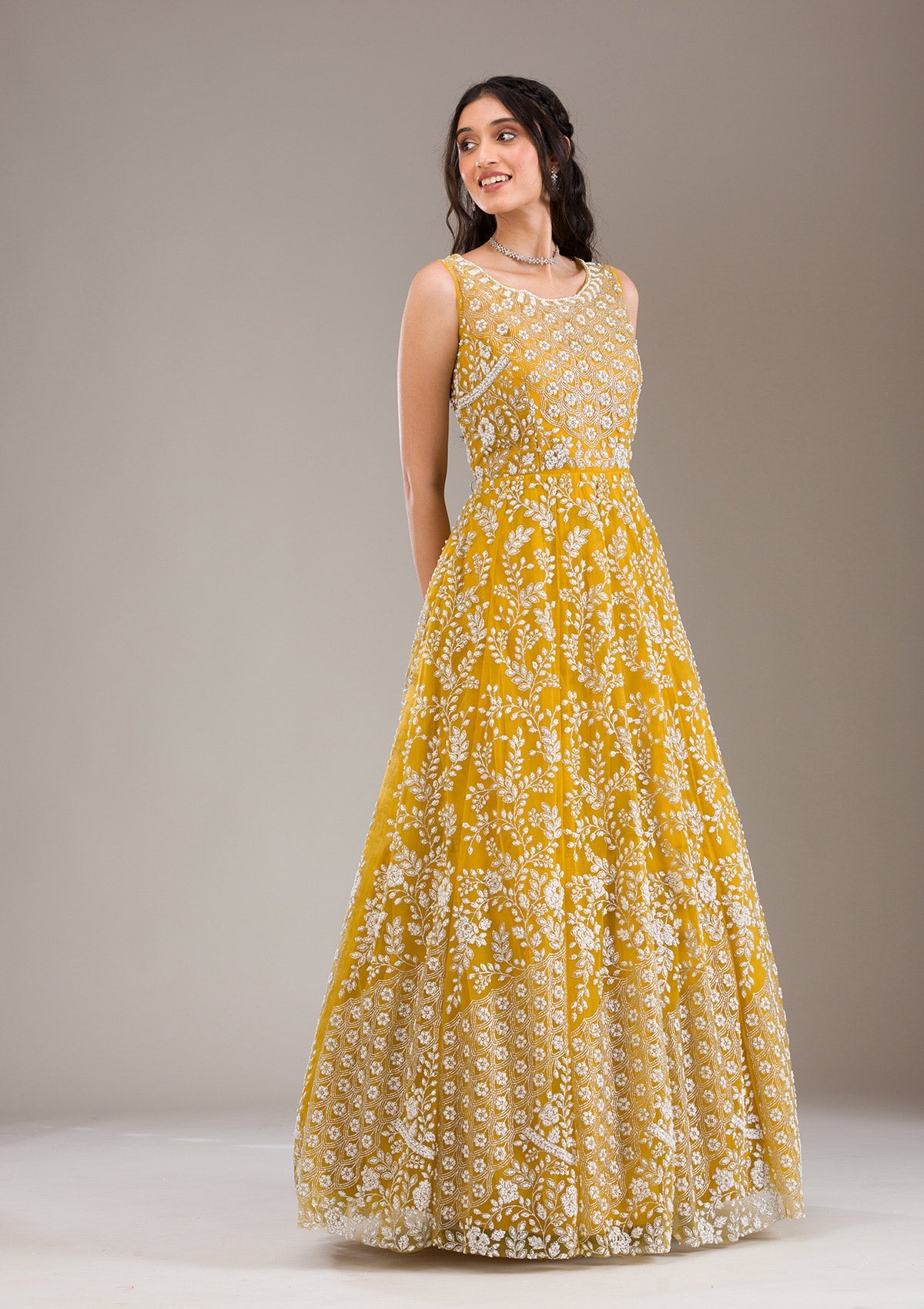 Koskii Yellow Pearlwork Net Gown - view 7