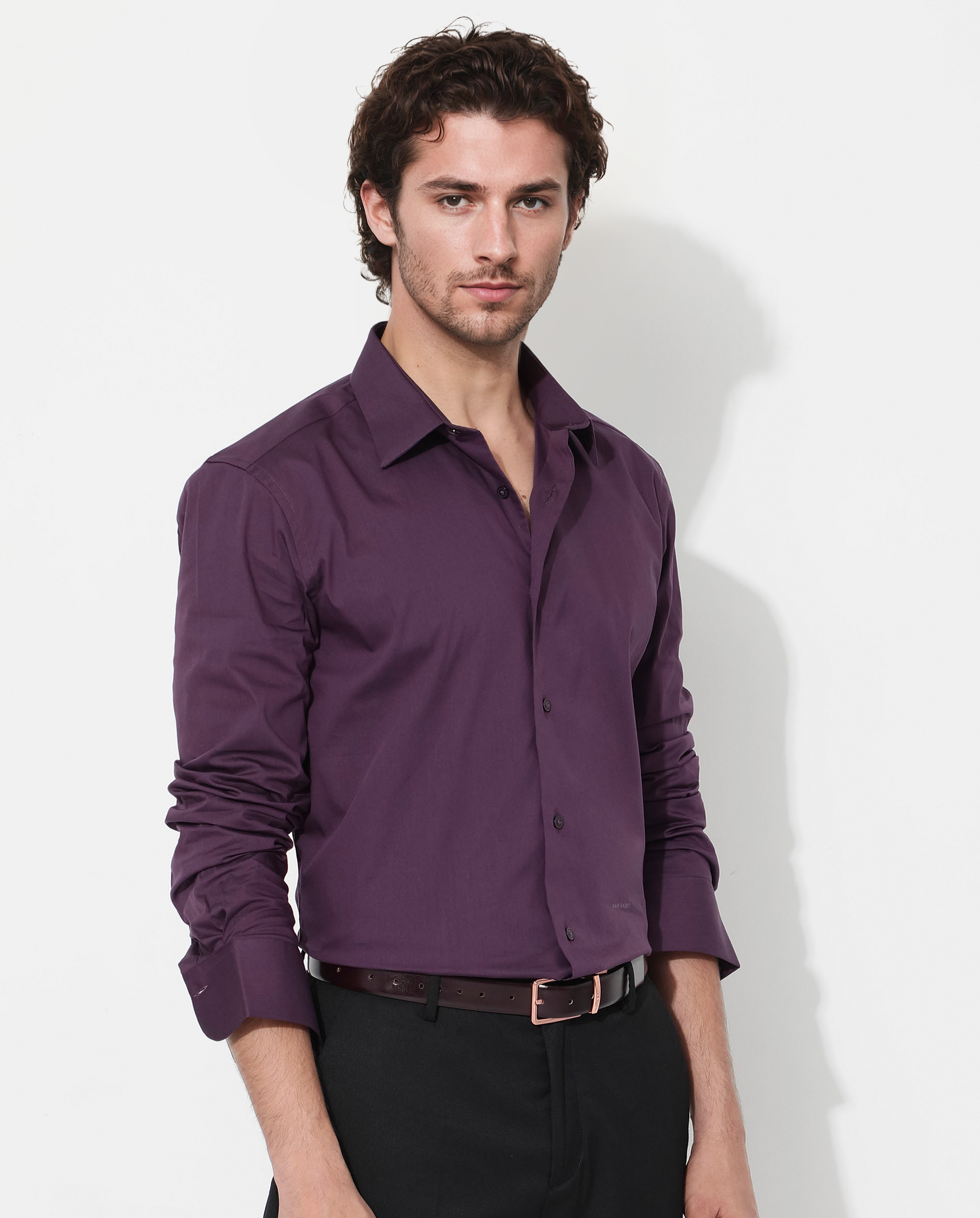Rare Rabbit Men's Benedict Dark Purple Cotton Poly Elastane Blend Fabric Full Sleeve Solid Formal Shirt - view 3