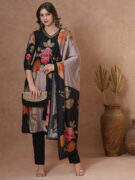 FASHOR Floral Printed & Embroidered Straight Fit Kurta with Pant and Dupatta - Black