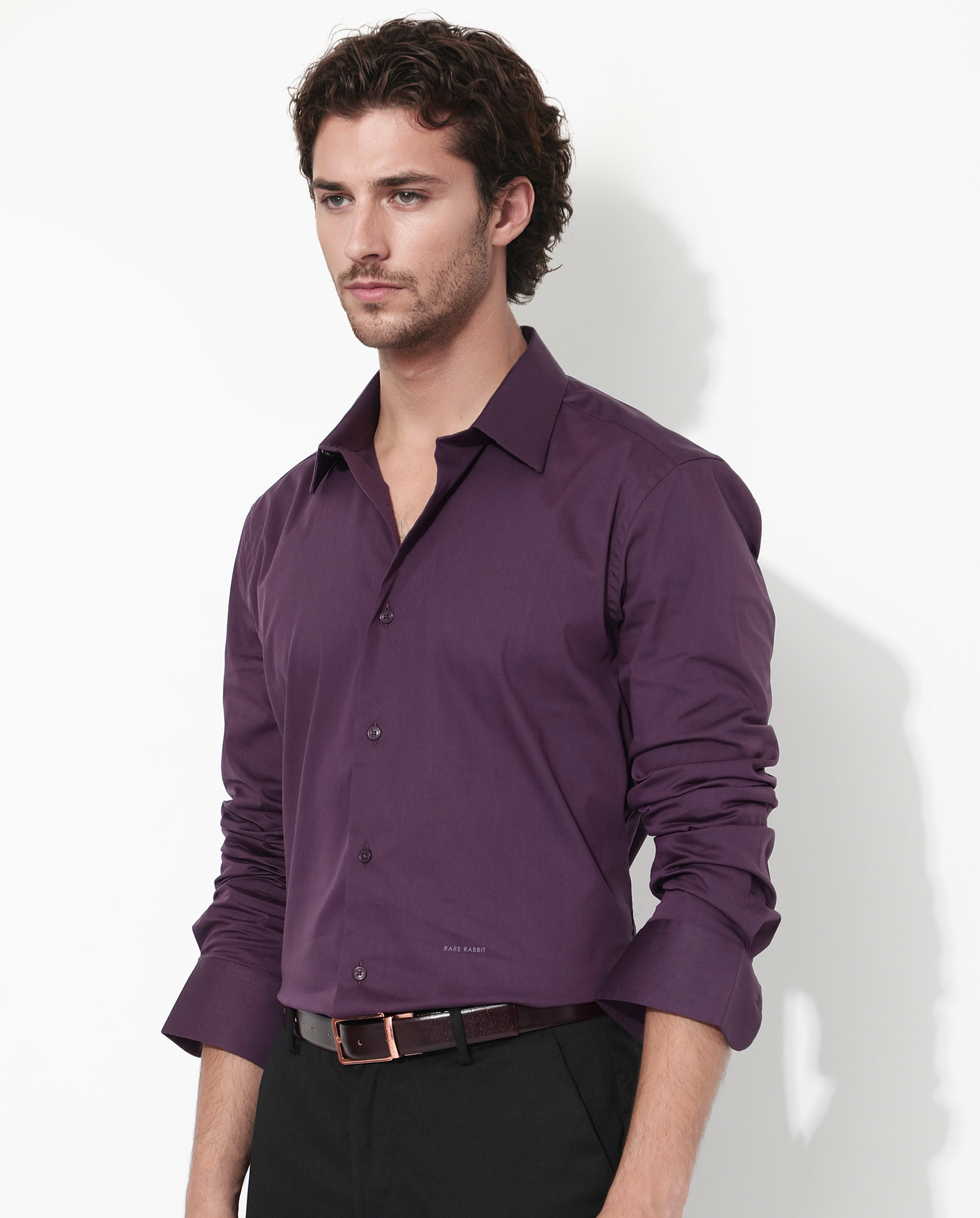 Rare Rabbit Men's Benedict Dark Purple Cotton Poly Elastane Blend Fabric Full Sleeve Solid Formal Shirt - view 7