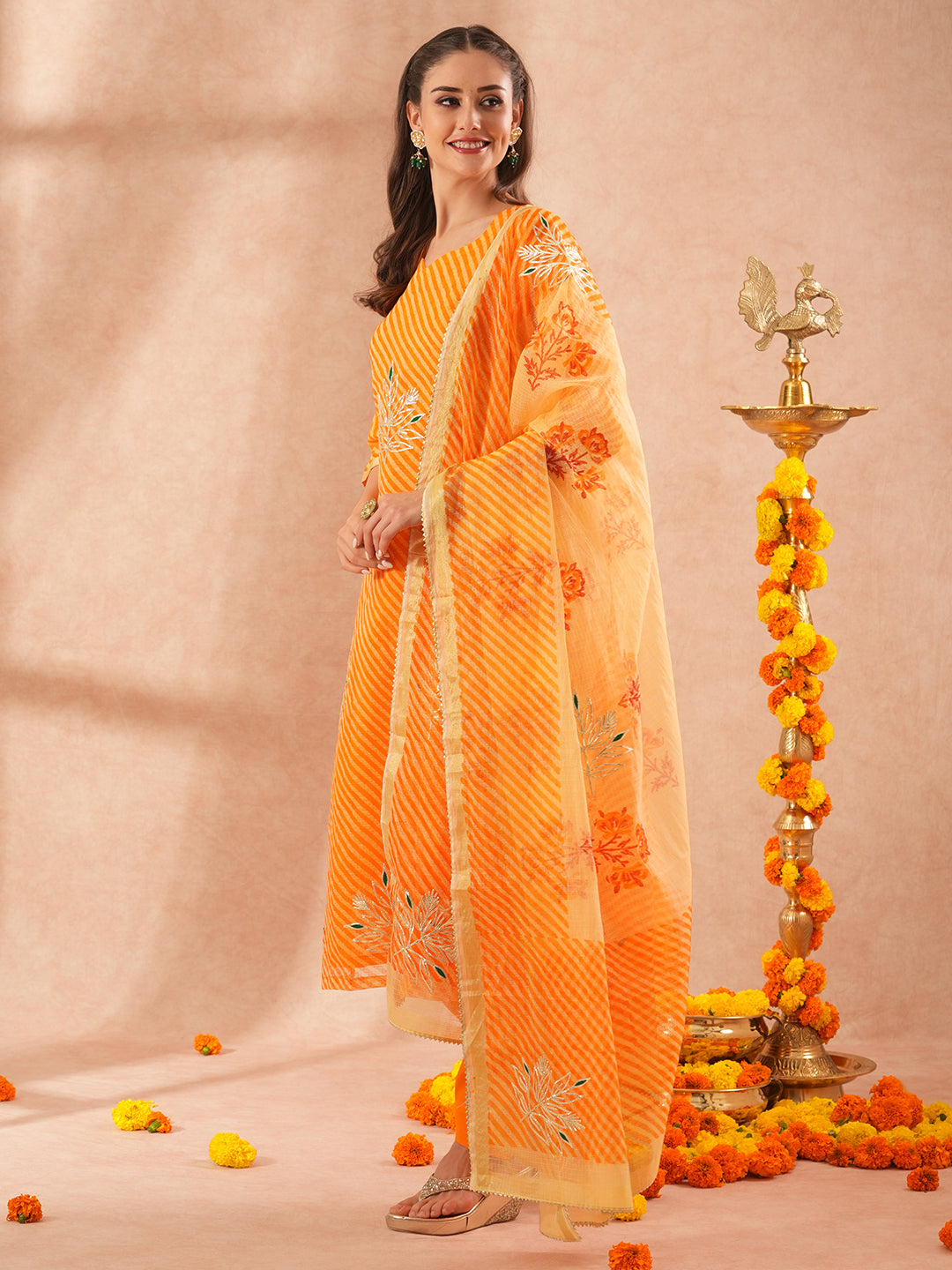 FASHOR Leheriya Printed & Gota Embroidered Straight Kurta with Pant & Dupatta - Orange - view 4
