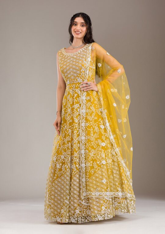 Koskii Yellow Pearlwork Net Gown