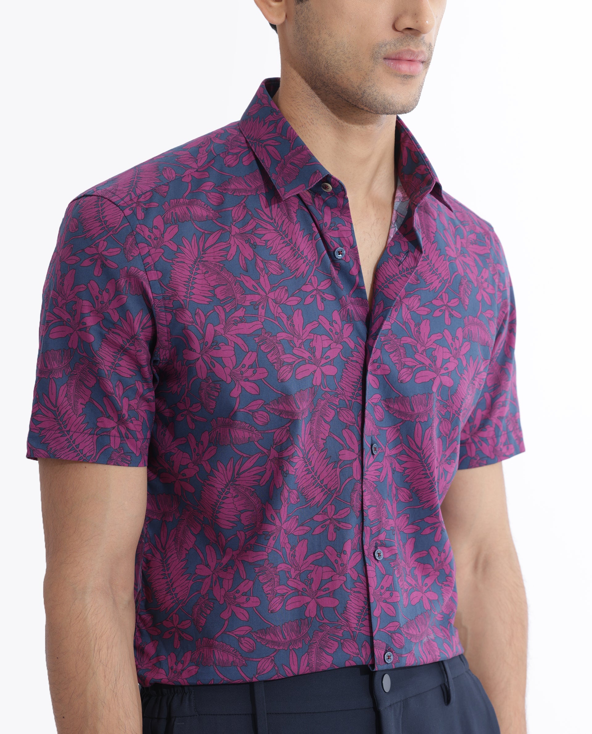Rare Rabbit Men's Olars Navy Cotton Fabric Half Sleeves Floral Print Shirt - view 4