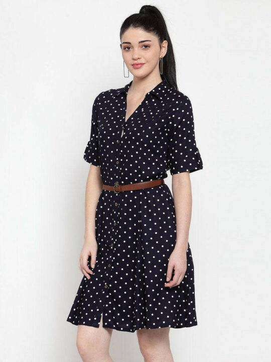 BlackTree Navy Blue Cotton Polka Dots Dress..