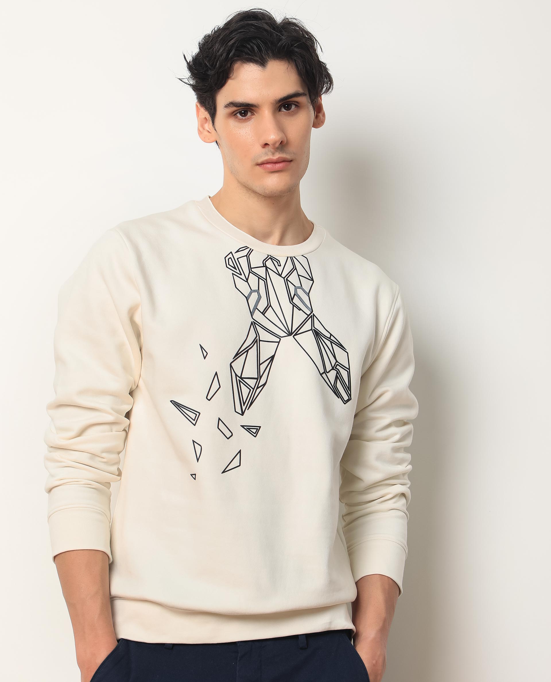 Rare Rabbit Mens Oakk Off White Full Sleeves Crew Neck Graphic Logo Print Sweatshirt - view 5