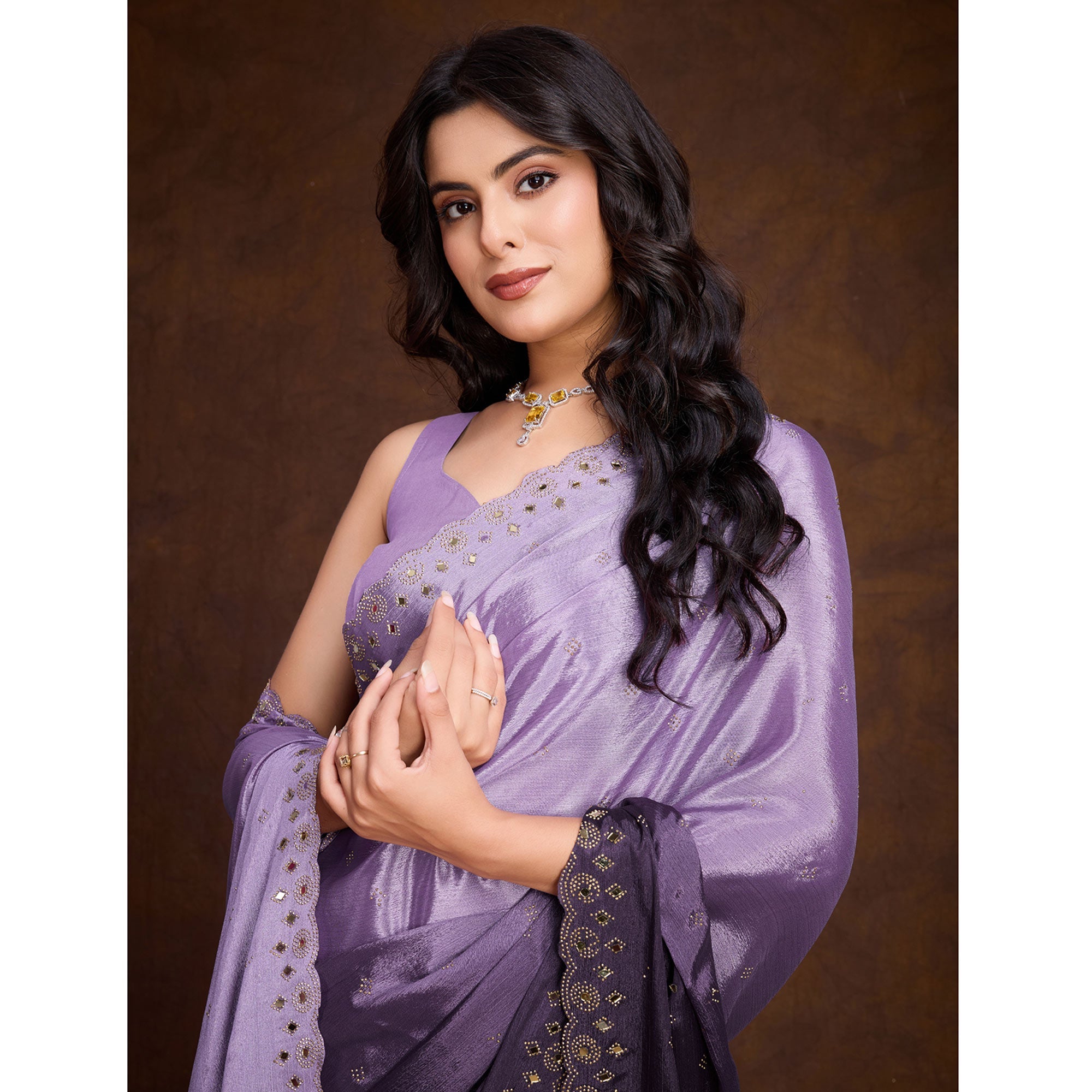 Peachmode Lavender Ombre Chinon Saree With Mirror Border - view 5