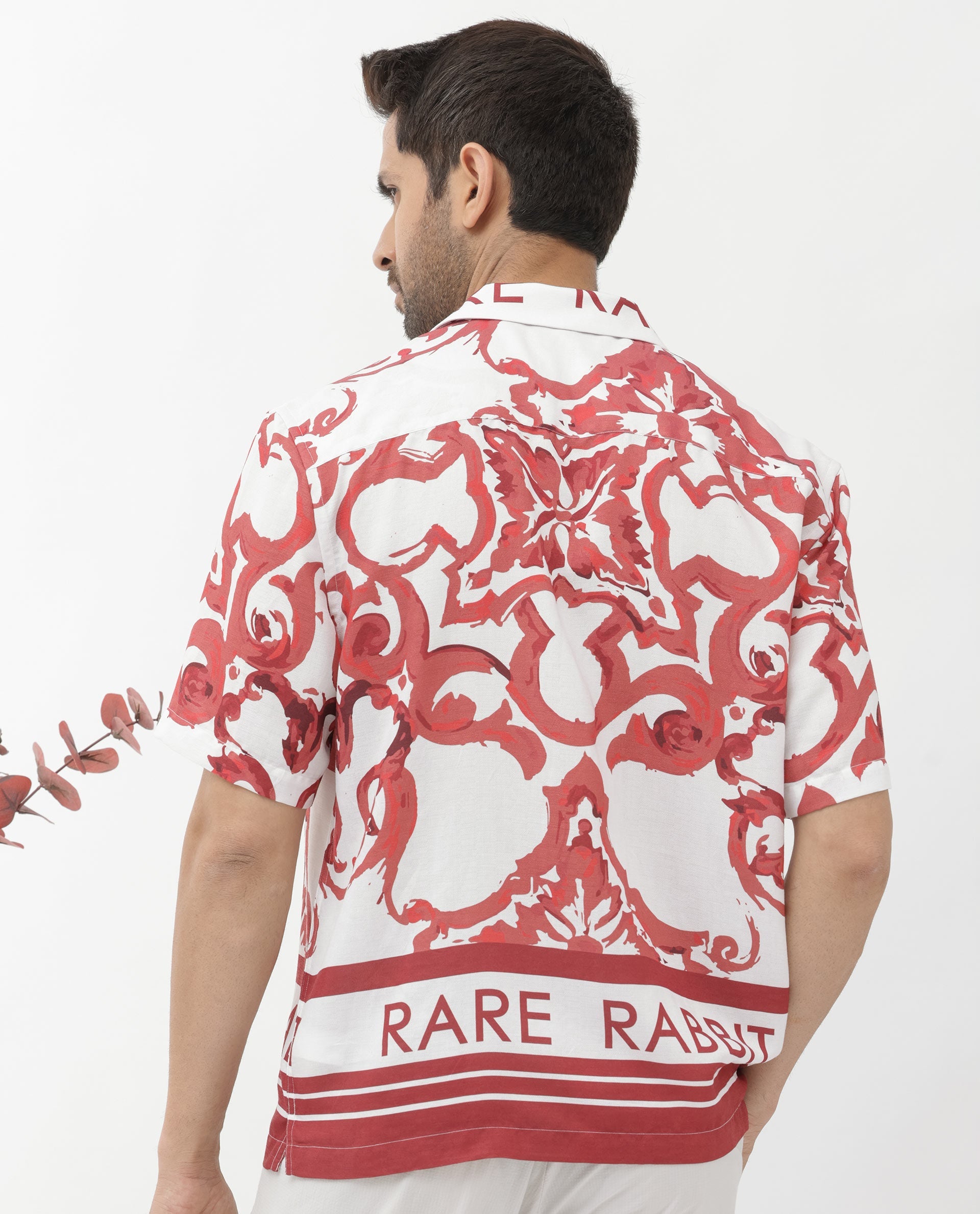 Rare Rabbit Mens Bordin Red Viscose Fabric Half Sleeves Cuban Collar Boxy Fit Abstract Print Shirt - view 8