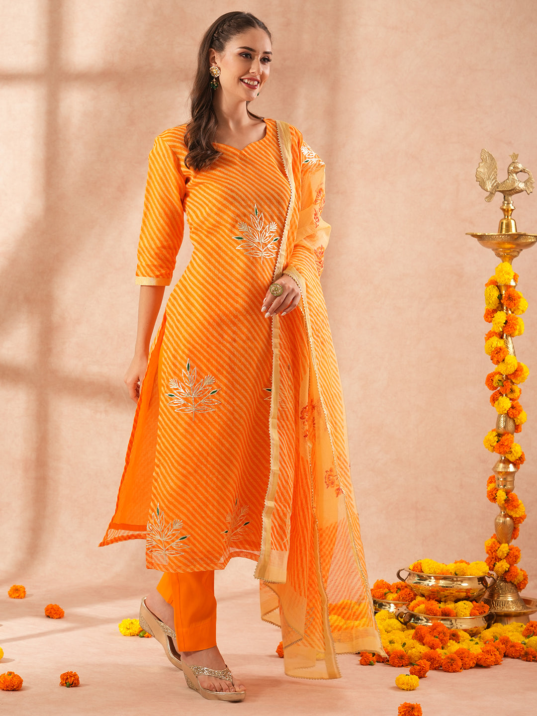FASHOR Leheriya Printed & Gota Embroidered Straight Kurta with Pant & Dupatta - Orange - view 5