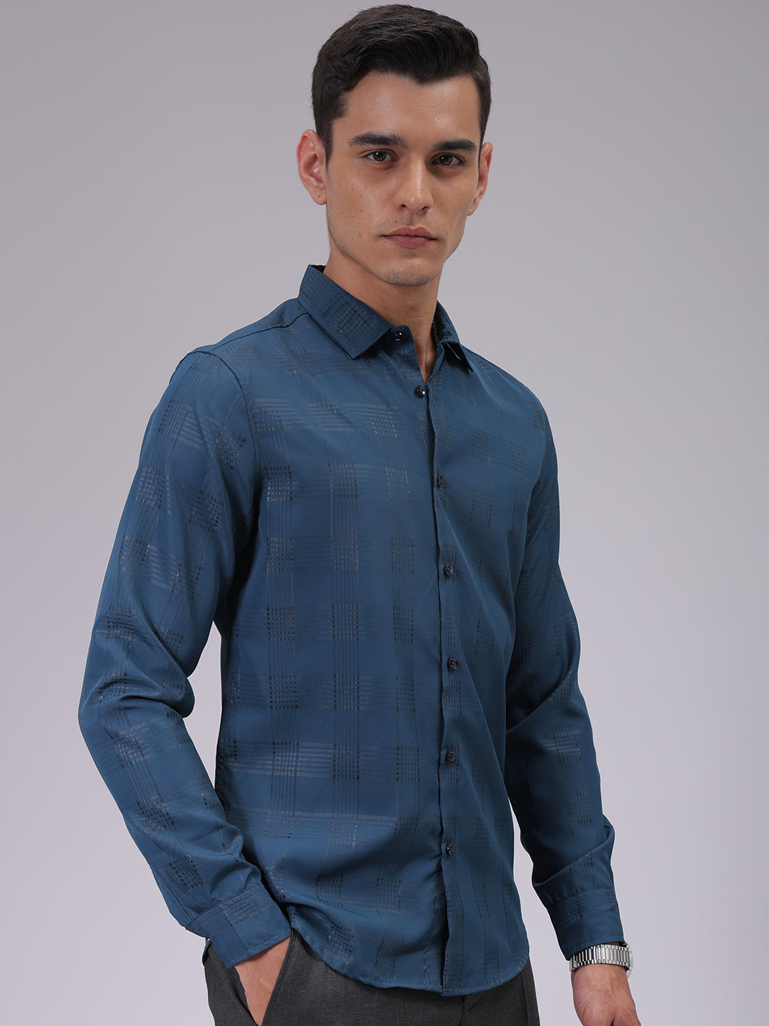 The Indian Garage Co Men's Teal Slim Fit Solid Shirt - view 5