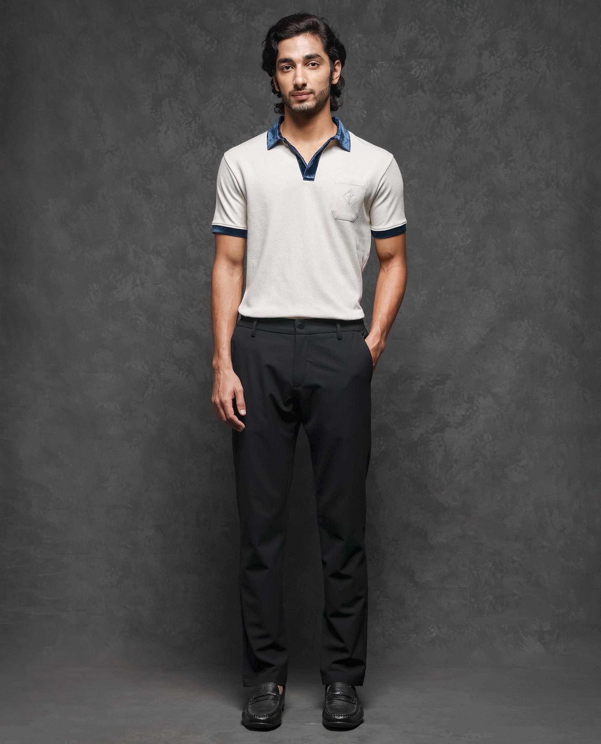 Rare Rabbit Men's Danil Off-White Cotton Fabric Contrast Detailing Velvet Collar And Sleeve Half Sleeve Polo T-Shirt - view 3