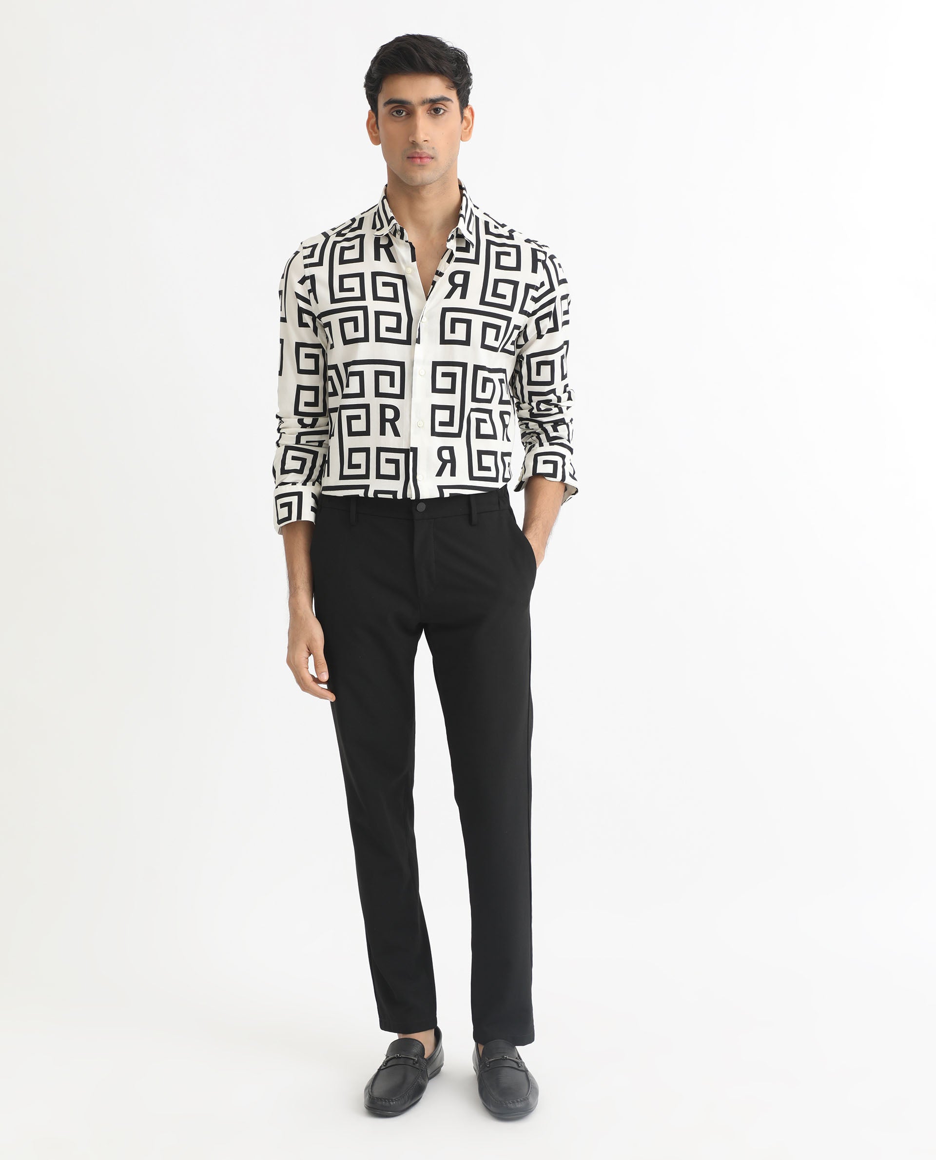 Rare Rabbit Men's Cruz Off White Cotton Viscose Fabric Full Sleeves Regular Fit Monogram Print Shirt - view 4
