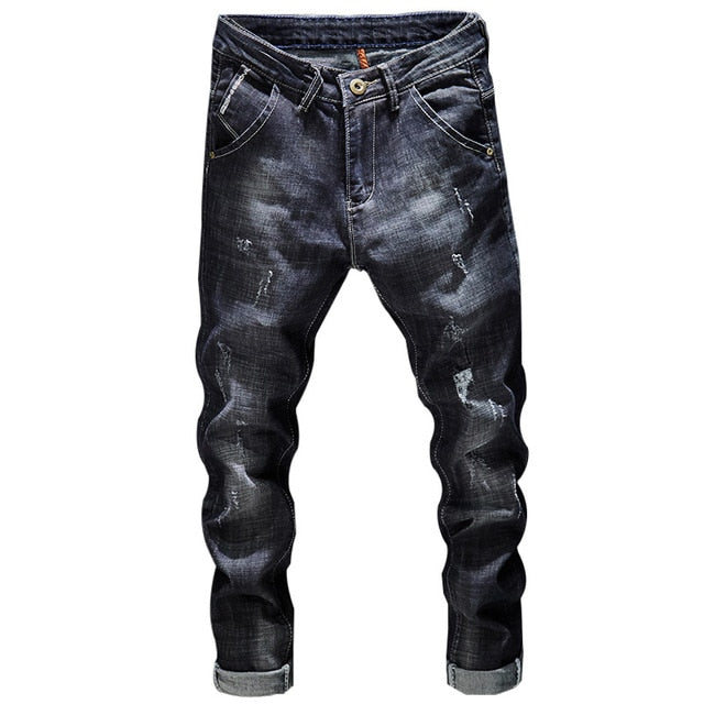 Black Tree Ripped Men's Dark Blue Stretch Slim Fit Jeans ..