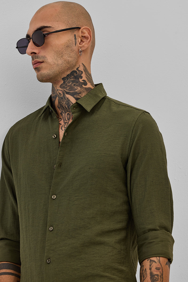 SNITCH Olive Slim Fit Linen Shirt - view 4