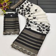 Peachmode Off White & Black Floral Printed Dola Silk Saree With Zari Border