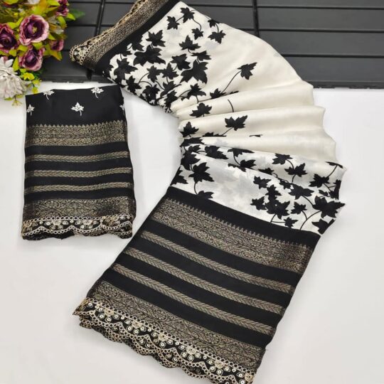 Peachmode Off White & Black Floral Printed Dola Silk Saree With Zari Border