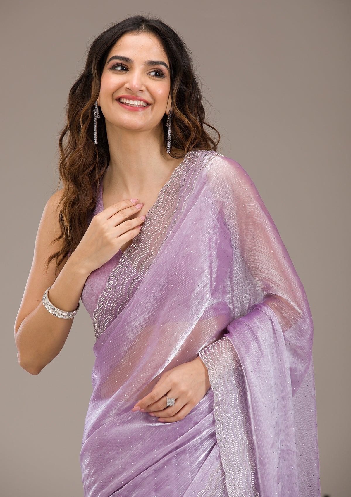 Koskii Lavender Stonework Chiffon Saree – Women's - view 6