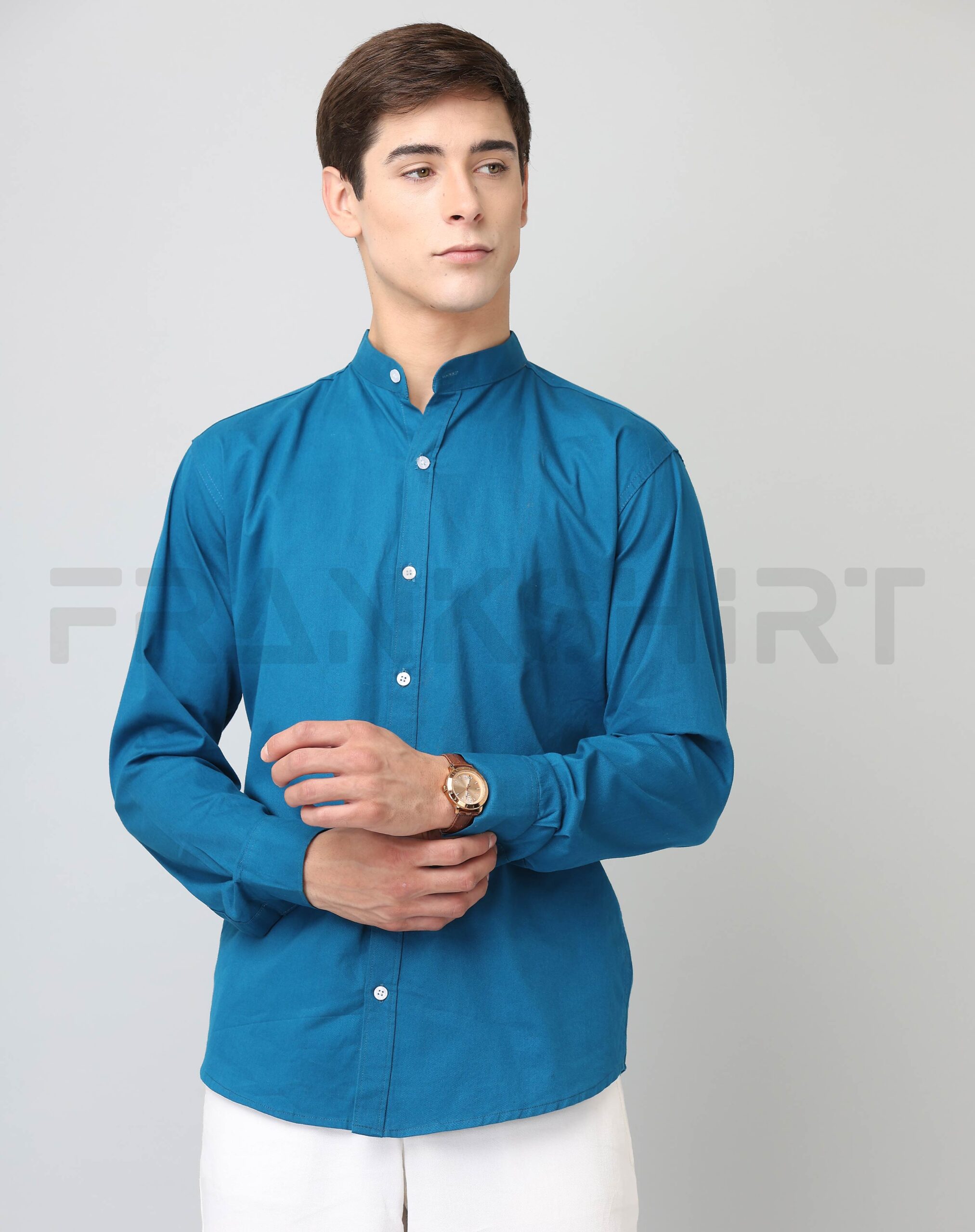 BlackTree Frankshirt Chinese Collar Peacocke Blue Solid Tailored Fit Cotton Casual Shirt for Man - view 3