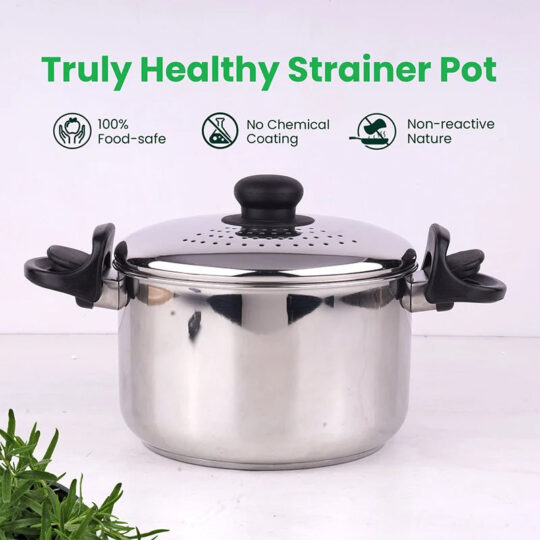The Indus Valley Tri-steel Stainless Steel Strainer Pot with Lockable Bakelite Handles | Sandwich bottom | Noodle Pot with Strainer Lid | Pasta Pot | - view 2