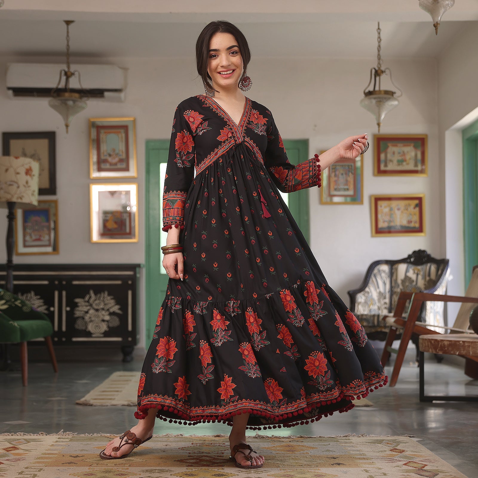 BlackTree Black V Neck Tiered Dress with Pompom Detailing - view 2