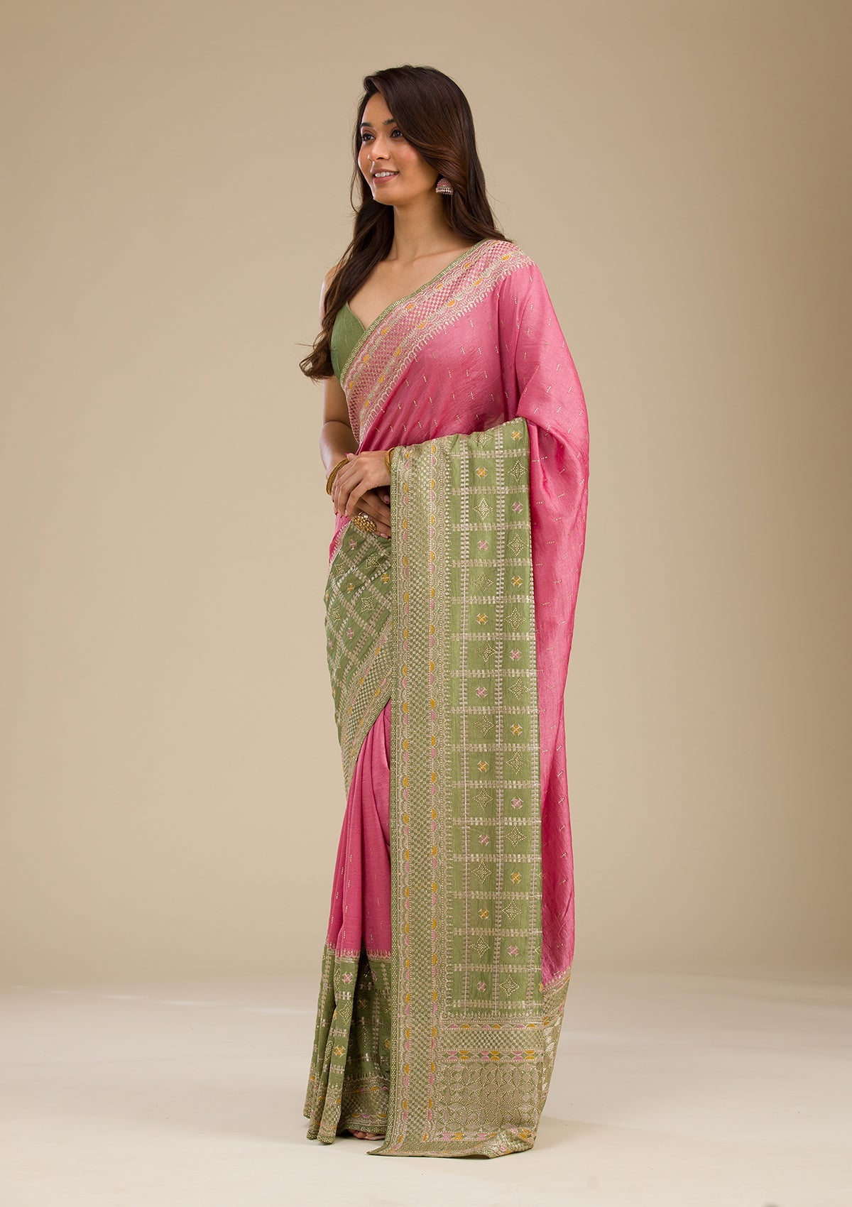 Koskii Pista Green Threadwork Soft Silk Saree - view 3