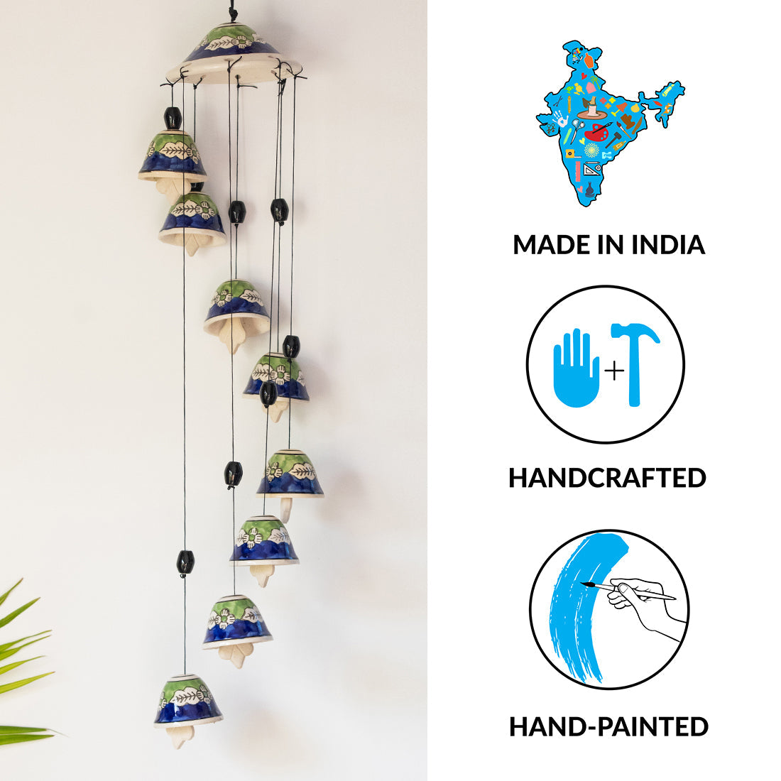 EXCLUSIVELANE 'Blossoming Symphonies' Handpainted Decorative Hanging Bells Wind Chime In Ceramic (24 Inch) - view 4