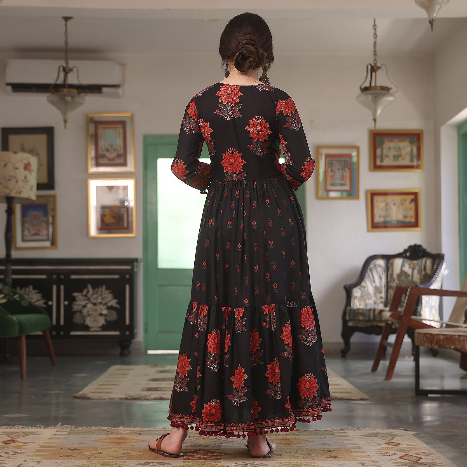 BlackTree Black V Neck Tiered Dress with Pompom Detailing - view 6