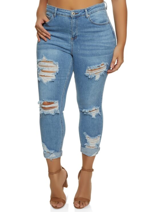 wax_jeans Plus Size WAX Distressed Rolled Cuff Jeans