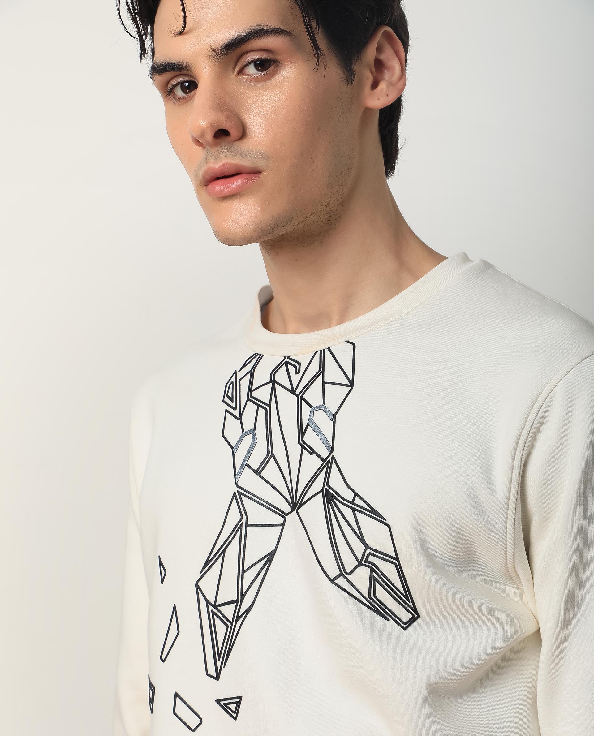 Rare Rabbit Mens Oakk Off White Full Sleeves Crew Neck Graphic Logo Print Sweatshirt - view 6