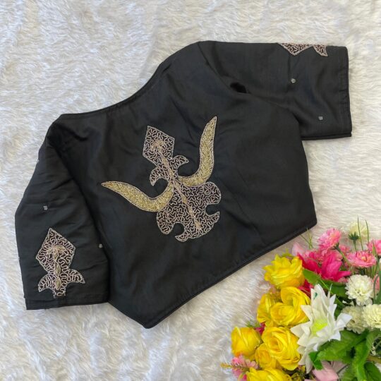 ClothsVilla Black Handcrafted Muskan Silk Blouse with Designer Collar and Handwork
