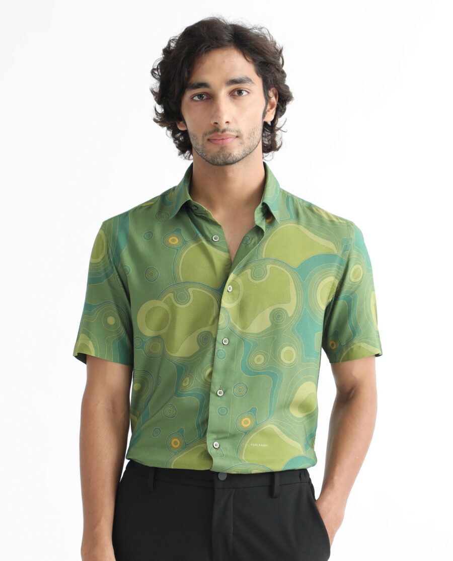 Rare Rabbit Men's Resolute Light Green Shirt Viscose Fabric Short Sleeves Slim Fit