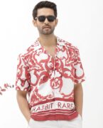 Rare Rabbit Mens Bordin Red Viscose Fabric Half Sleeves Cuban Collar Boxy Fit Abstract Print Shirt