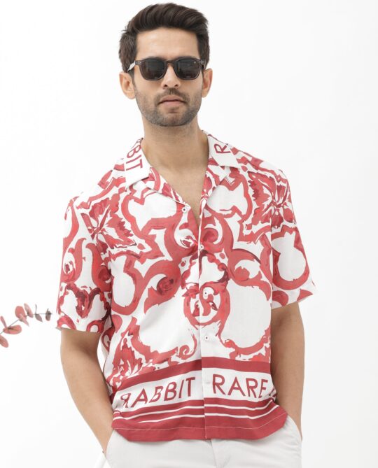 Rare Rabbit Mens Bordin Red Viscose Fabric Half Sleeves Cuban Collar Boxy Fit Abstract Print Shirt