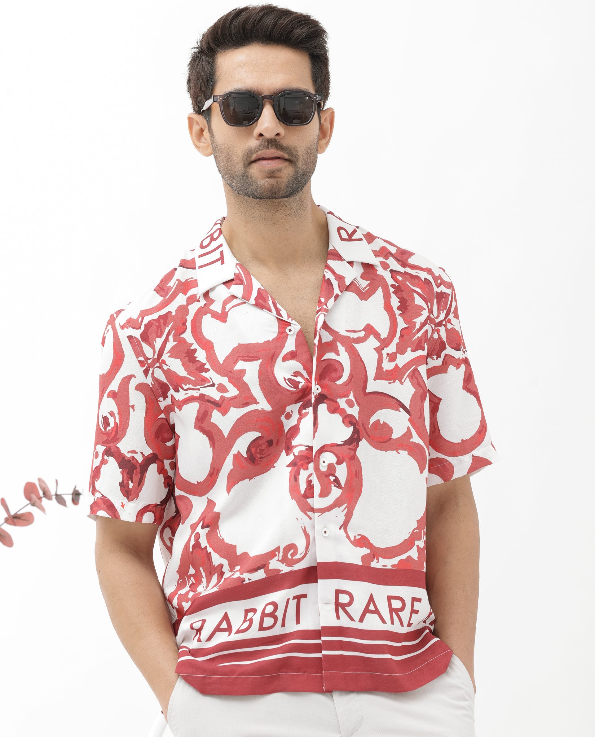 Rare Rabbit Mens Bordin Red Viscose Fabric Half Sleeves Cuban Collar Boxy Fit Abstract Print Shirt
