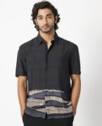 Rare Rabbit Men's Mesan Black Viscose Fabric Abstract Print Half Sleeves Shirt