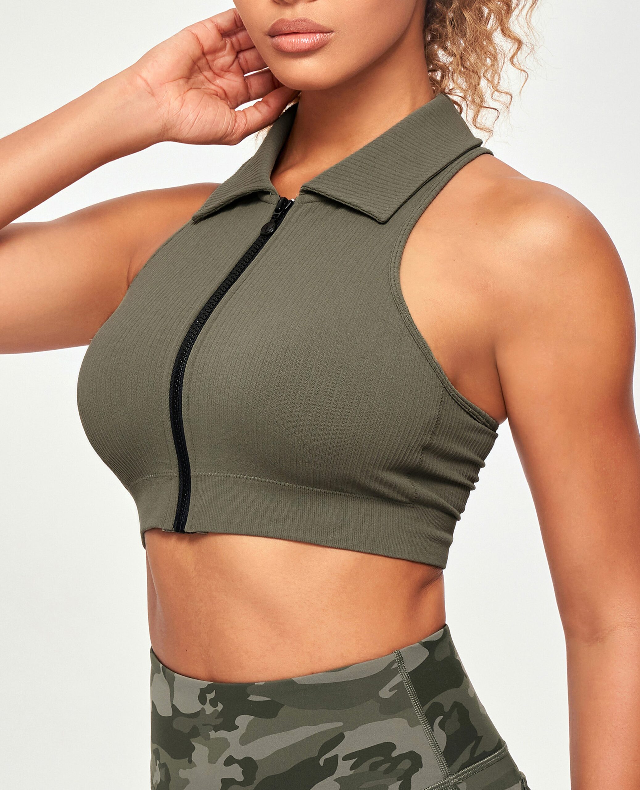 FIRM ABS Ribbed Full Zip Padded Tank Top - Olive Green - view 3