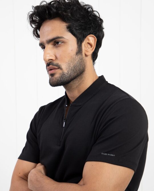 Rare Rabbit Men's Temper Black Cotton Fabric Baseball Stand Collared Neck Zipper Closure Half Sleeves Polo T-Shirt - view 2