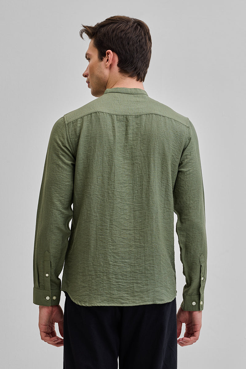 SNITCH Olive Mandarin Linen Blend Shirt - view 7