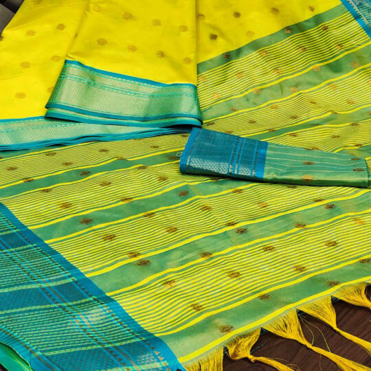 Peachmode Lemon Yellow Zari Woven Lichi Art Silk Saree With Tassels - view 2