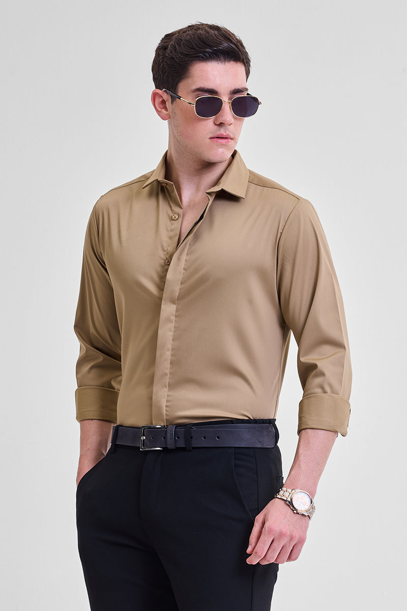 SNITCH Light Brown Solid Concealed Placket Shirt - view 5