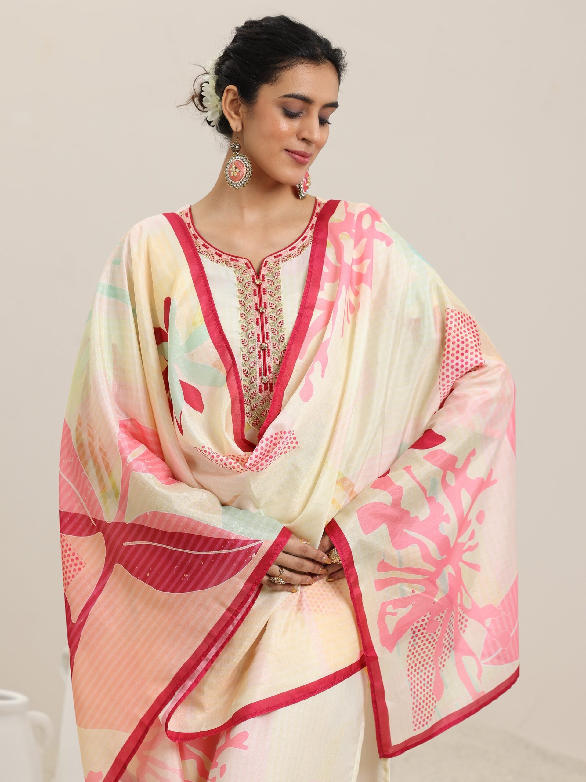 Libas Cream Printed Cotton Blend Straight Suit With Dupatta - view 8